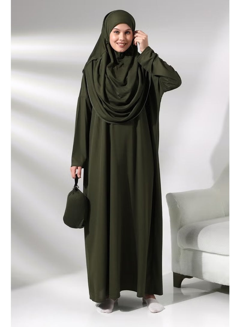 Ihvan Khaki Women's Practical Headscarf One-Piece Prayer Dress with Bag - Image 1